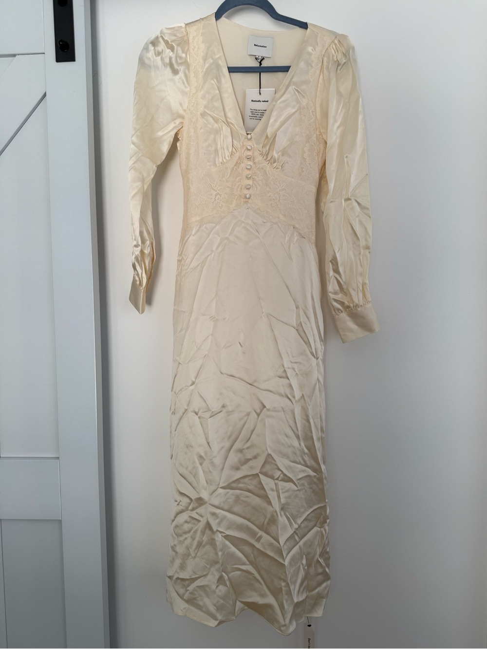 Reformation Ivory Satin V-Neck Button Front Slip Dress - Picture 7 of 9